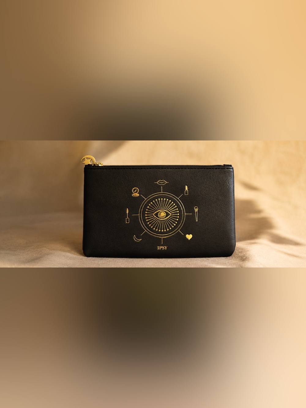 IPSY Black Celestial Makeup Bag | Gold Moon & Star Zipper Cosmetic Pouch
